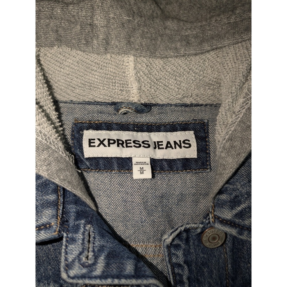 Express Jeans Denim Jacket Hoodie Womens Medium Blue Trucker Distressed Biker - Picture 2 of 6